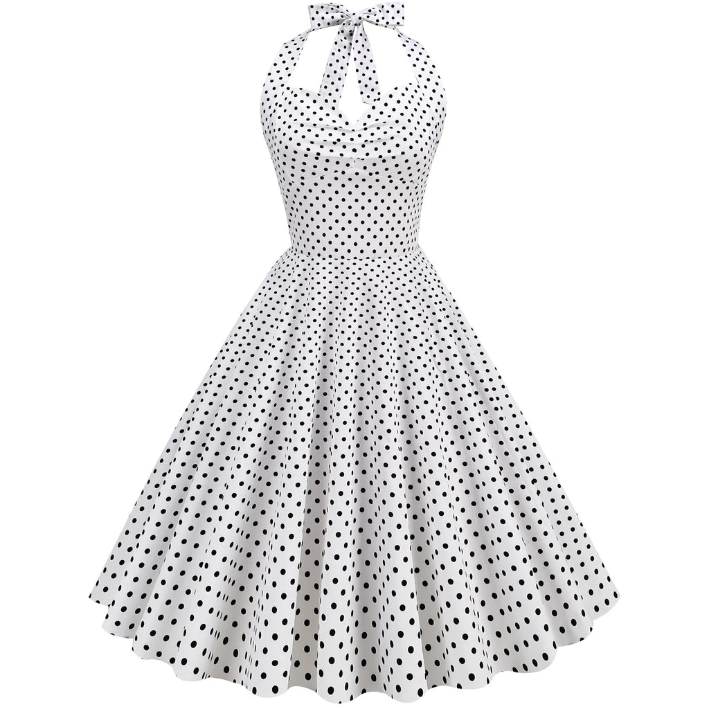 Polka Dot Hepburn Style 50s 60s Vintage Dress A-Line Backless Halter Pin Up Rockabilly Dress Women Summer Retro Party Vestidos