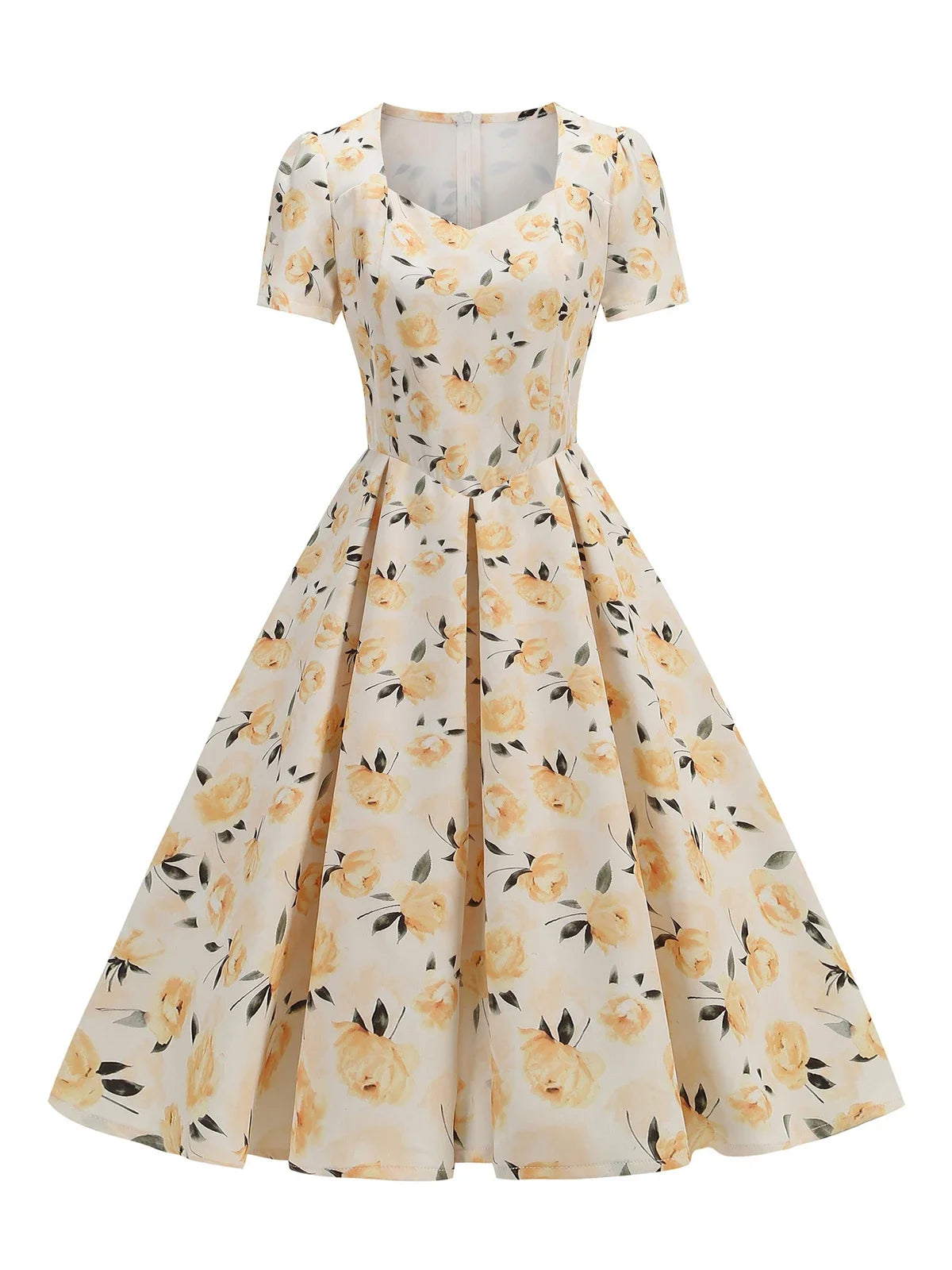 Floral Print Sweetheart Neck Women Dresses for Summer Knee Length Elegant Pleated Dress Vintage 1950s Pinup Retro Clothes 2025