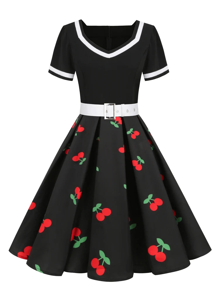 Tonval Pink V-Neck Short Sleeve Pleated Vintage Strawberry Dress with Belt for Women 50s Pinup Robe Evening Summer Dresses 2024