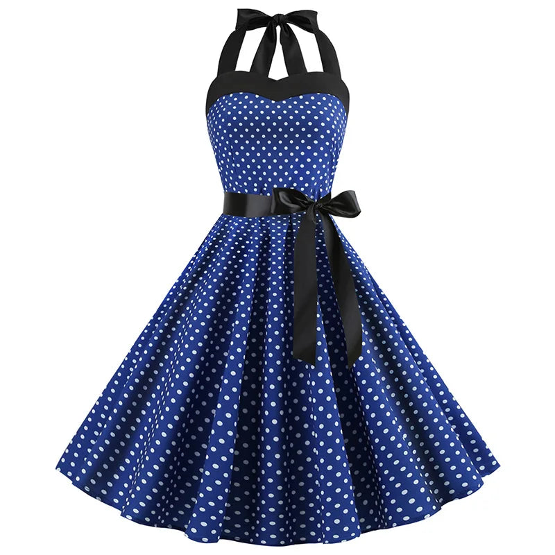 2025 New Spring Summer Sexy Retro White Polka Dot Dress Hepburn Women Vintage Halter Party Dresses 1950s Pin Up Rockabilly Robe