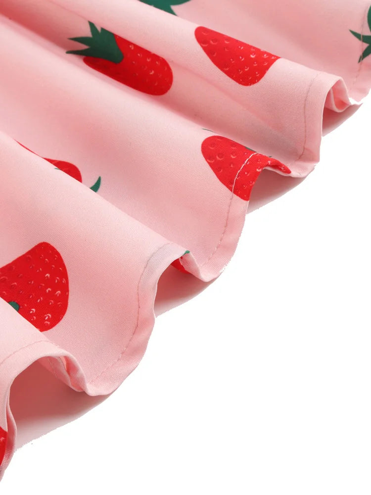 Tonval Pink V-Neck Short Sleeve Pleated Vintage Strawberry Dress with Belt for Women 50s Pinup Robe Evening Summer Dresses 2024