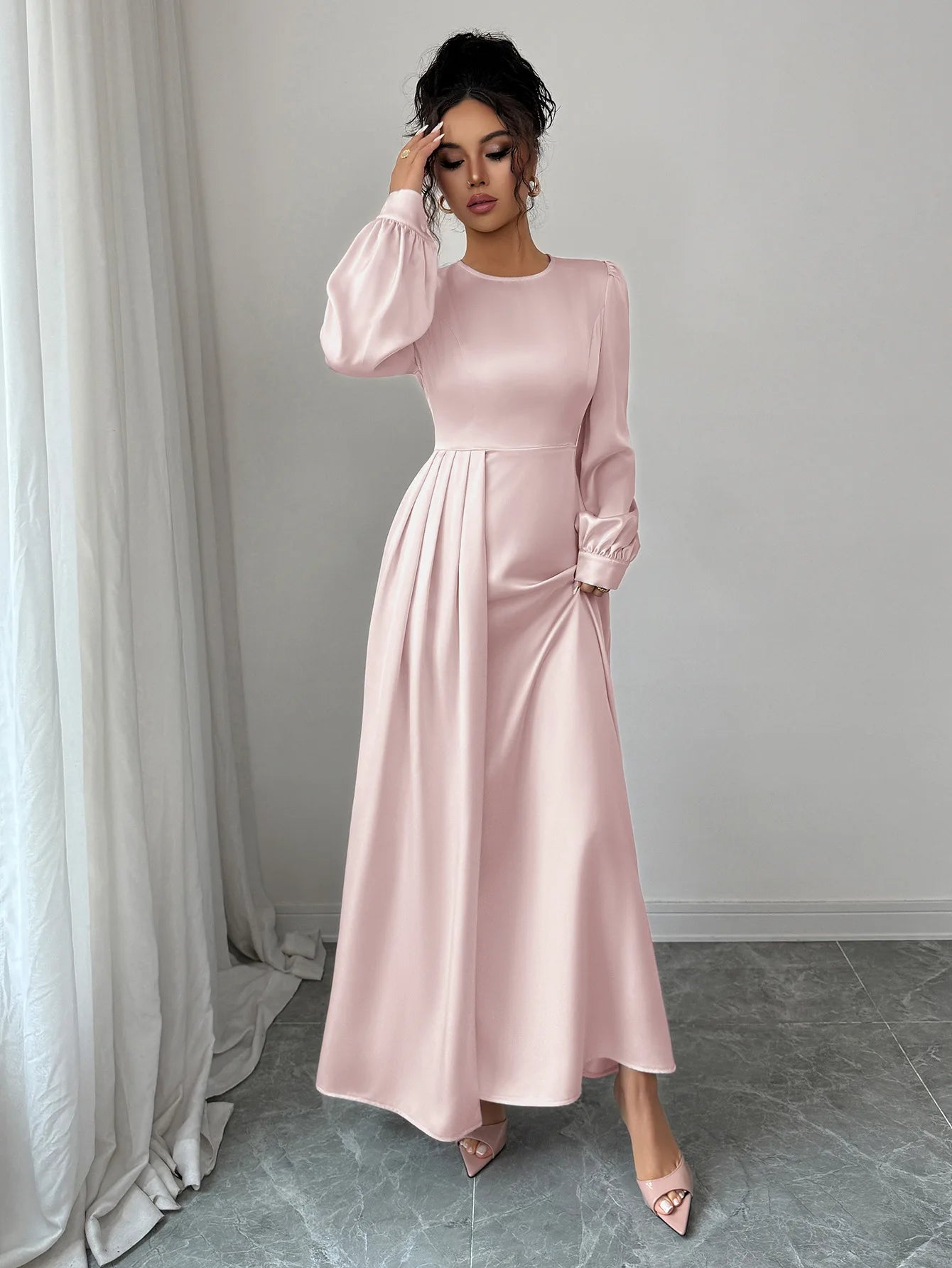 Women's Pink Satin Maxi Dress Long Puff Sleeve Round Neck High Waist Pleated Flare Skirt Formal Evening Party Wedding Guest Gown