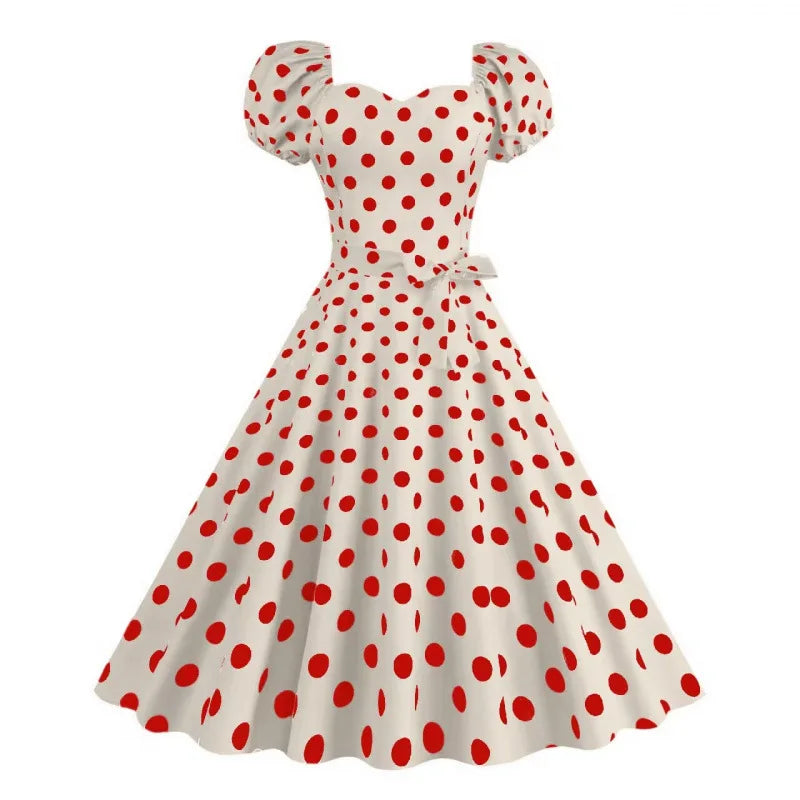 Retro Red Polka Dot Summer Dress Audrey Hepburn Vintage Swing Clothes Puff Sleeve 50s 60s Pin Up Rockabilly Dresses Robe Femme
