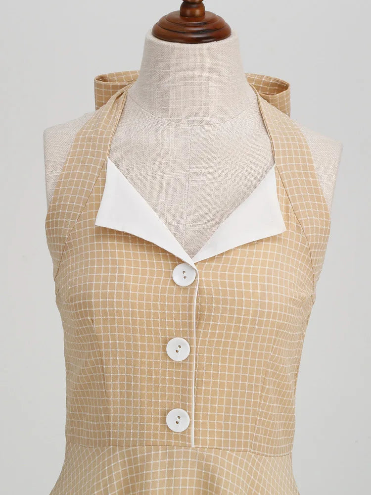 Tonval Button Up Plaid Vintage Fit and Flare Dress Summer Women Pinup Robe Halter Backless Evening Party Pockets Dresses