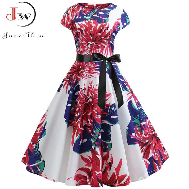 Women Floral Print Summer Dress 50s 60s Vintage Dress Female Short Sleeve Retro Robe Rockabilly Party Dresses Vestidos