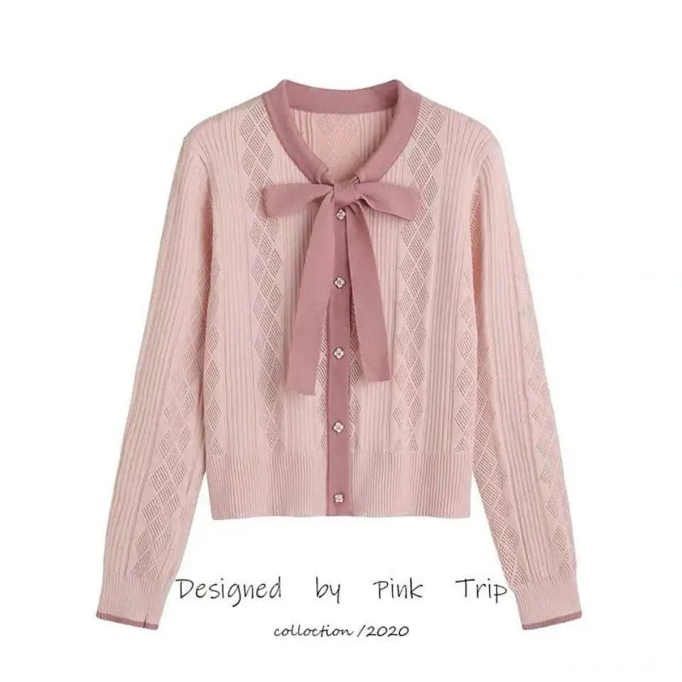 Lace Up Bow Knit Cardigan Spring And Autumn New Women's Color Contrast Hollow Pin Short Slim Top