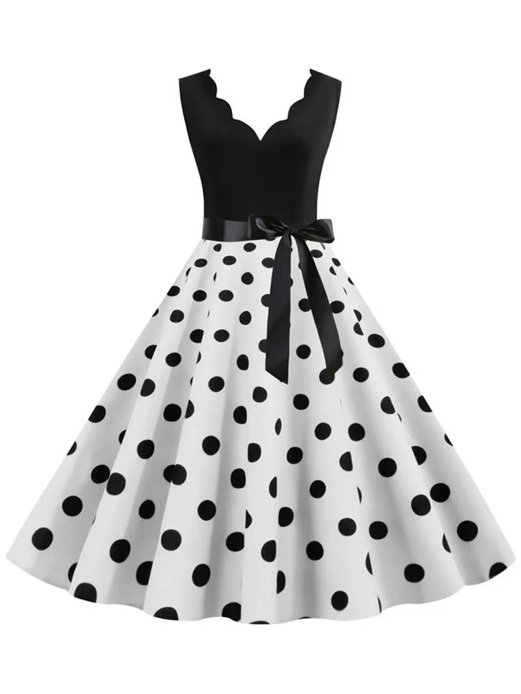 Black Dot Summer Dress Women Pinup Elegant Vintage Party Dress Casual Office Tank Sleevelss A Line Vestidos