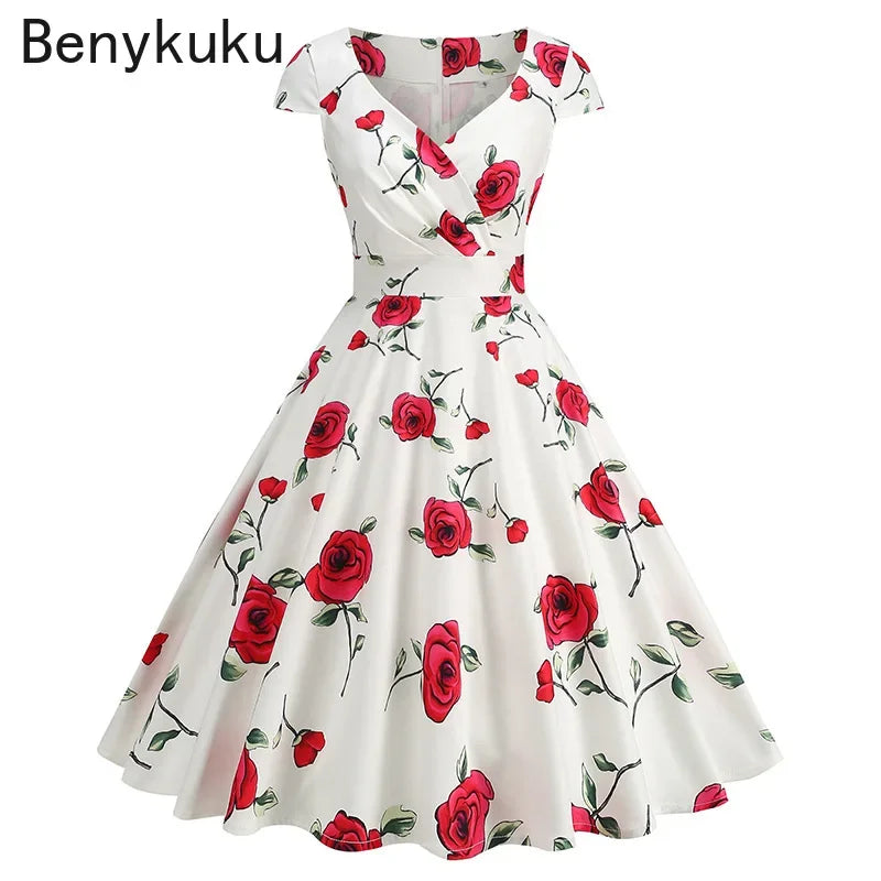 Print Cherry Sunflower 50s 60s Pin Up Rockabilly Dress 2025 V Neck Summer Clothes Women Hepburn Vintage Swing  Party Dresses