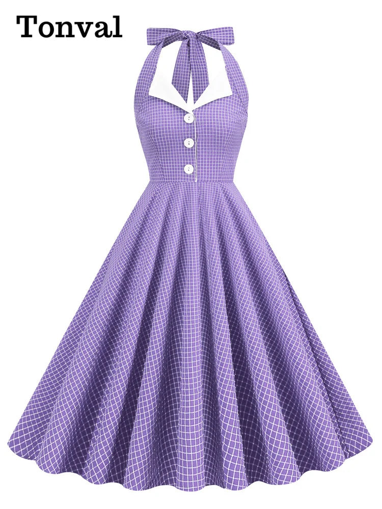 Tonval Button Up Plaid Vintage Fit and Flare Dress Summer Women Pinup Robe Halter Backless Evening Party Pockets Dresses