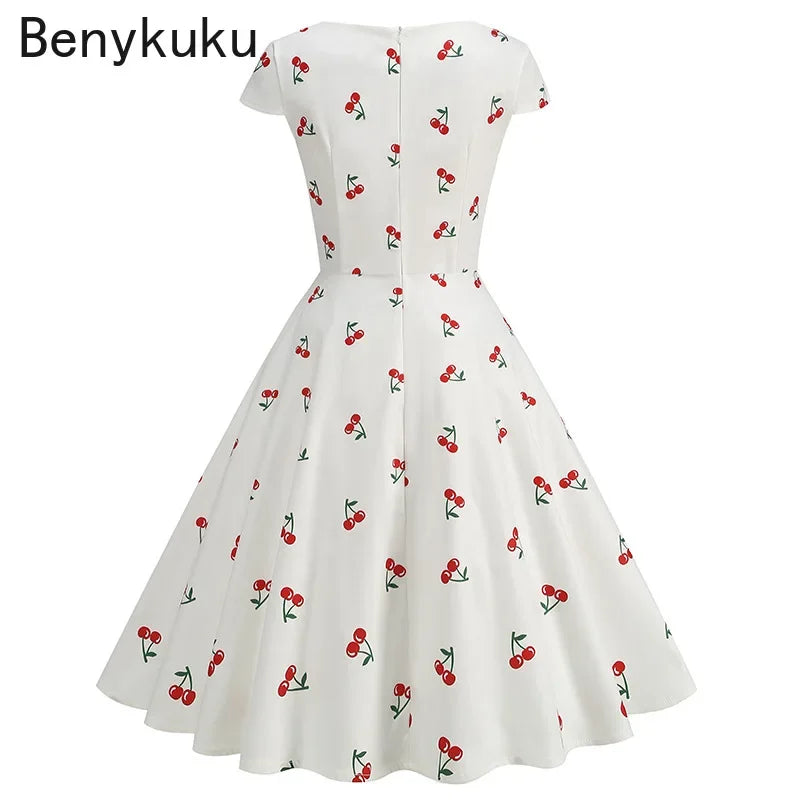Print Cherry Sunflower 50s 60s Pin Up Rockabilly Dress 2025 V Neck Summer Clothes Women Hepburn Vintage Swing  Party Dresses
