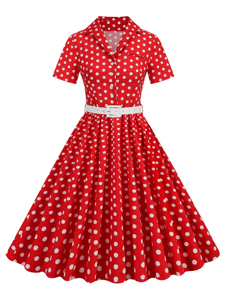 Tonval Polka Dot 50s Pinup Robe Button Up Pleated Vintage Style Dress Women Elegant Belted Ladies Rockabilly Long Dresses