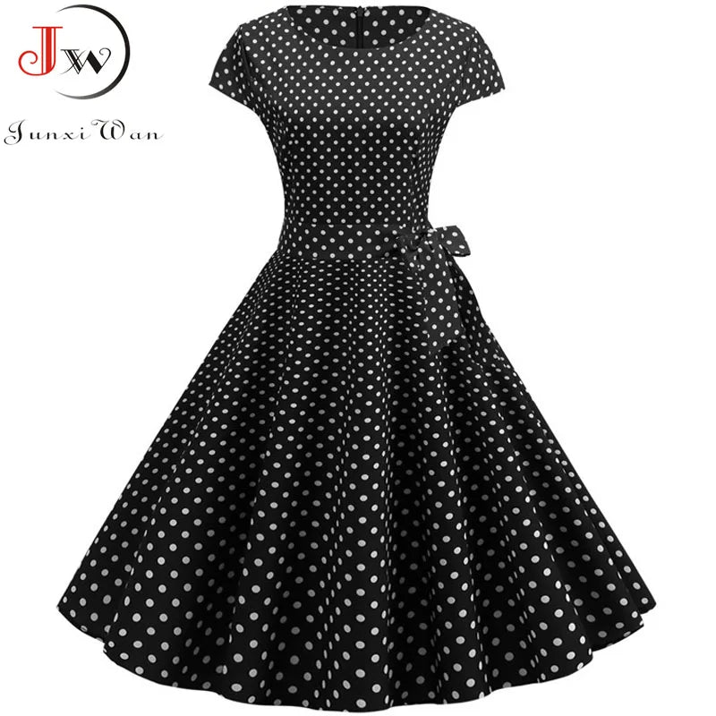 Summer Polka Dot Dress Women Elegant Short Sleeve A-Line Midi Party Dress Sundress Robe Rockabilly Vestidos