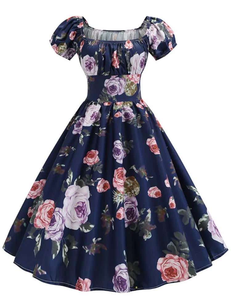 Women's Vintage Floral Print Puff Sleeve Midi Dress Elegant A-line Rockabilly Pinup Summer Party Robe Chic Vestidos