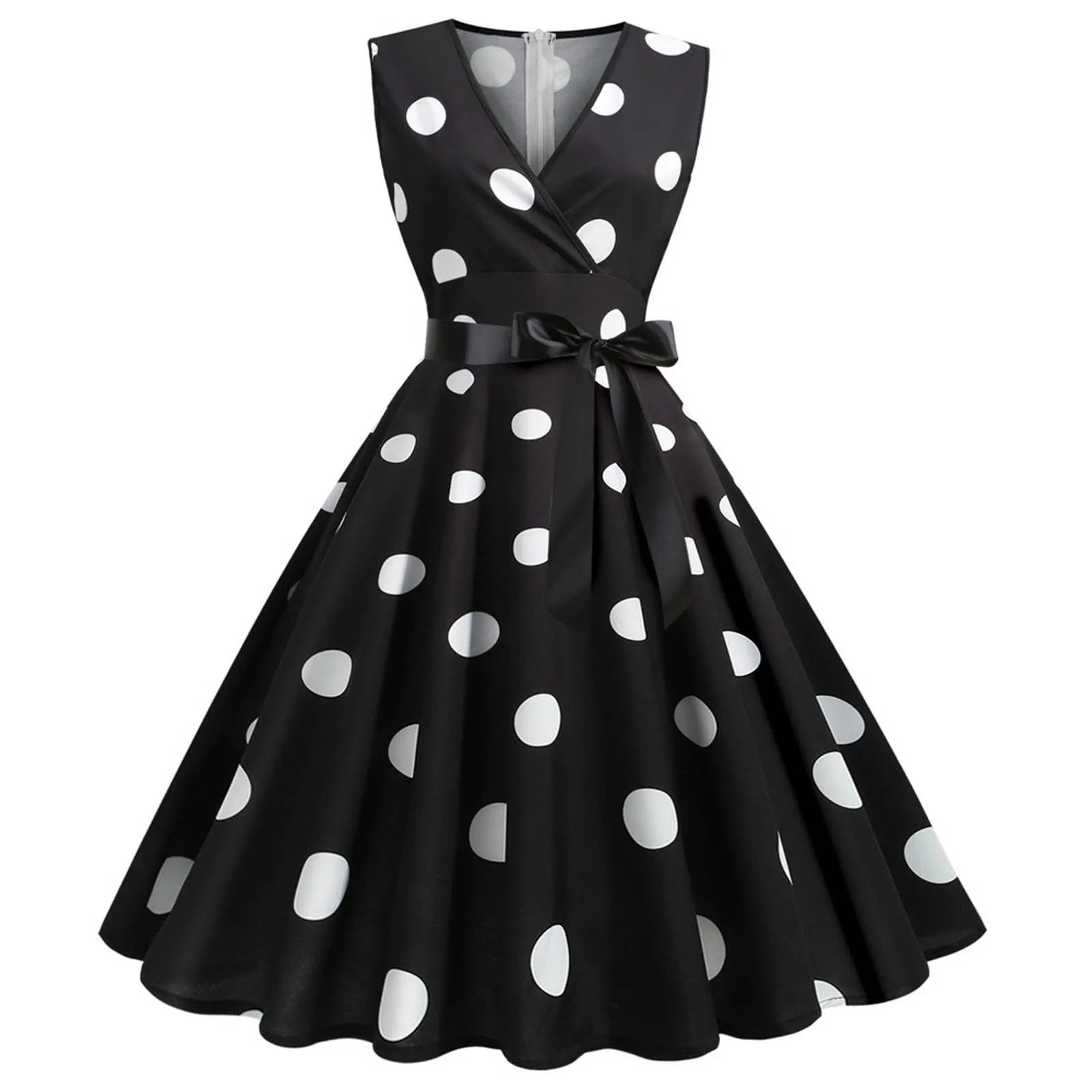 Polka Dot Summer Ladies Dress Vintage Retro With Sleeveless V-Neck Pin up Vestidos Robe Femme Casual A-line Party Dress 2024