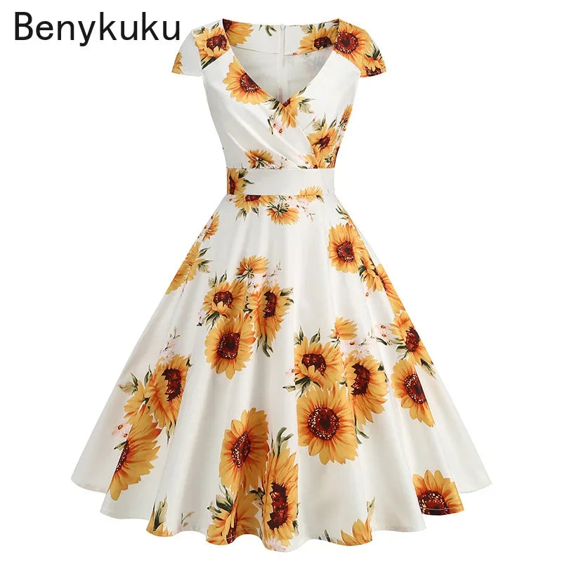 Print Cherry Sunflower 50s 60s Pin Up Rockabilly Dress 2025 V Neck Summer Clothes Women Hepburn Vintage Swing  Party Dresses