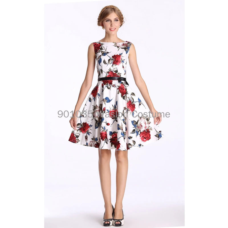 Plus Size Swing Dress Red Floral Retro 1950s Rockabilly Sleeveless Dress