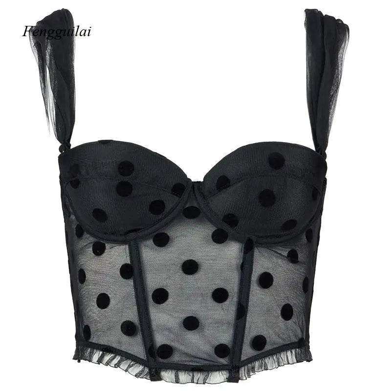 Women's Black Polka Dot Mesh Bustier Top, Sheer Lace Trim Corset Crop Top, Retro Pin-Up Style Camisole for Party & Date Night