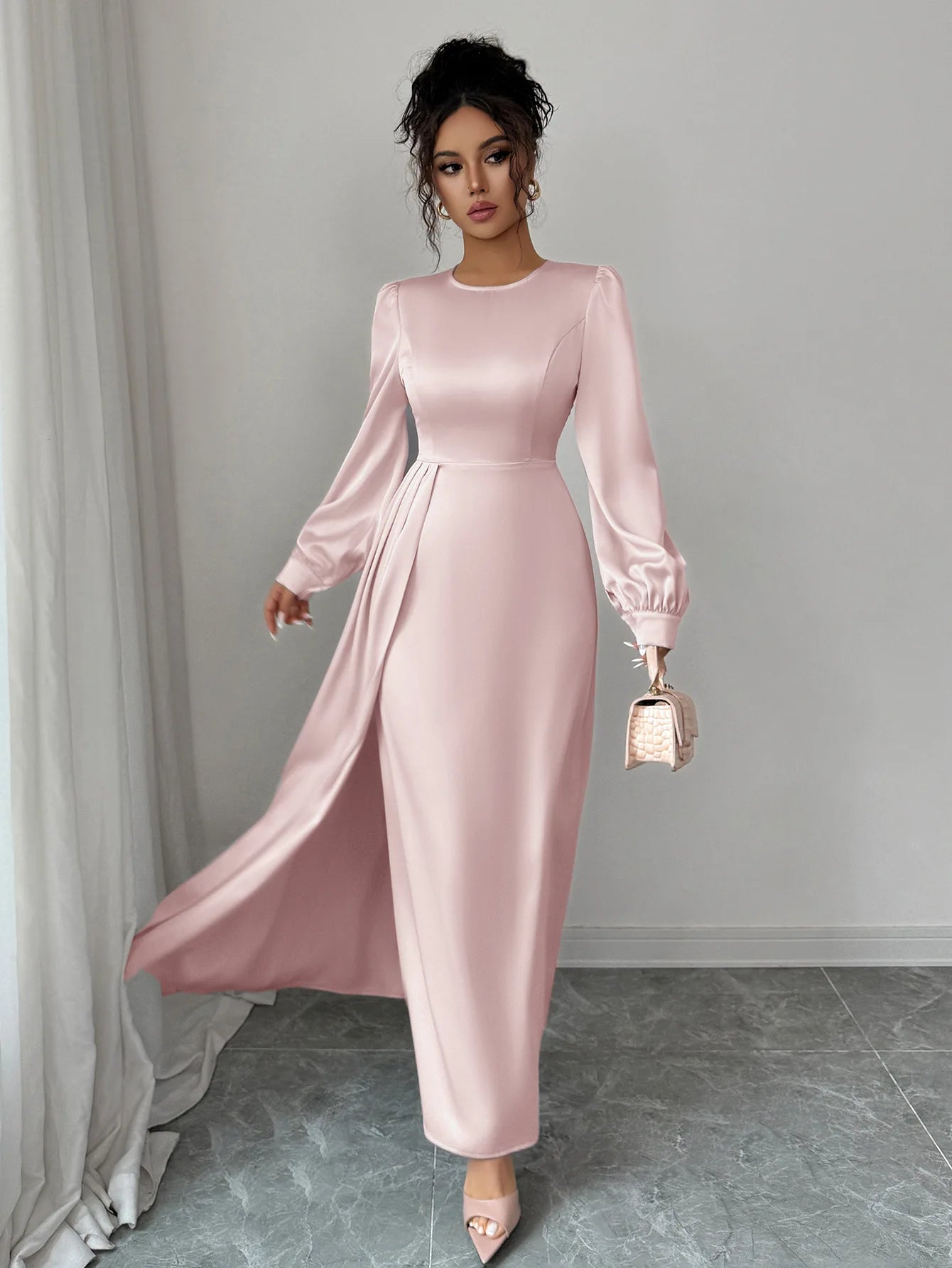 Women's Pink Satin Maxi Dress Long Puff Sleeve Round Neck High Waist Pleated Flare Skirt Formal Evening Party Wedding Guest Gown