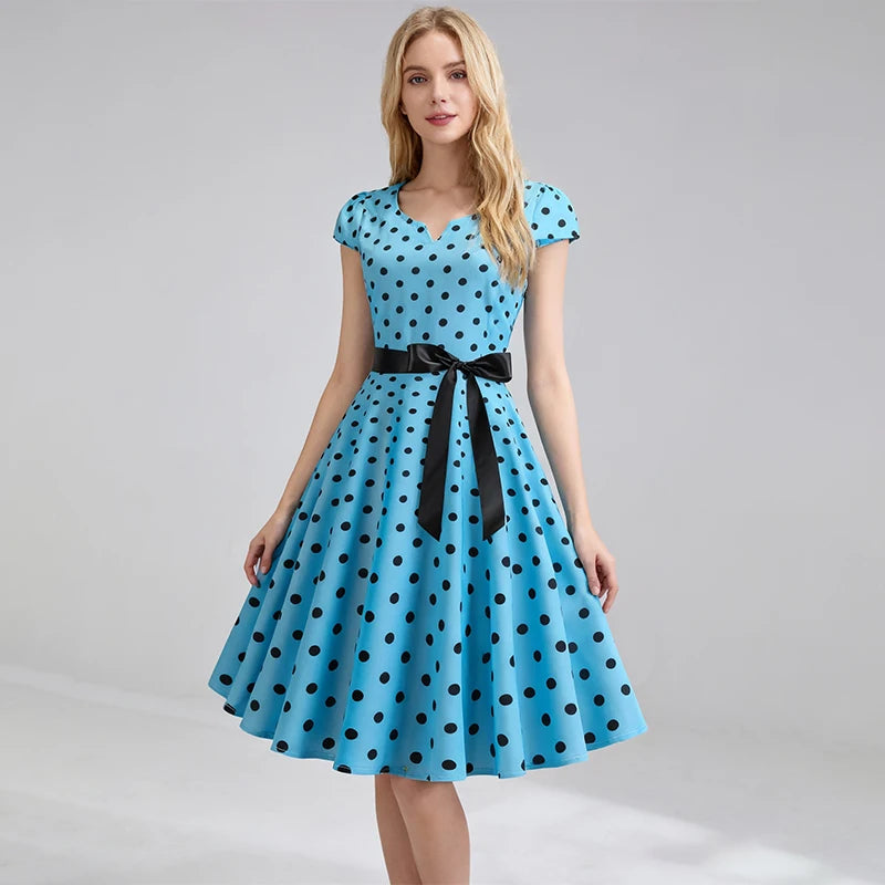 Women Vintage 1950s 60s  Polka Dot Big Swing Dress Aesthetic Bowknot Sash Belt Gown Pinup Rockabilly Party Sundress Elegant Robe