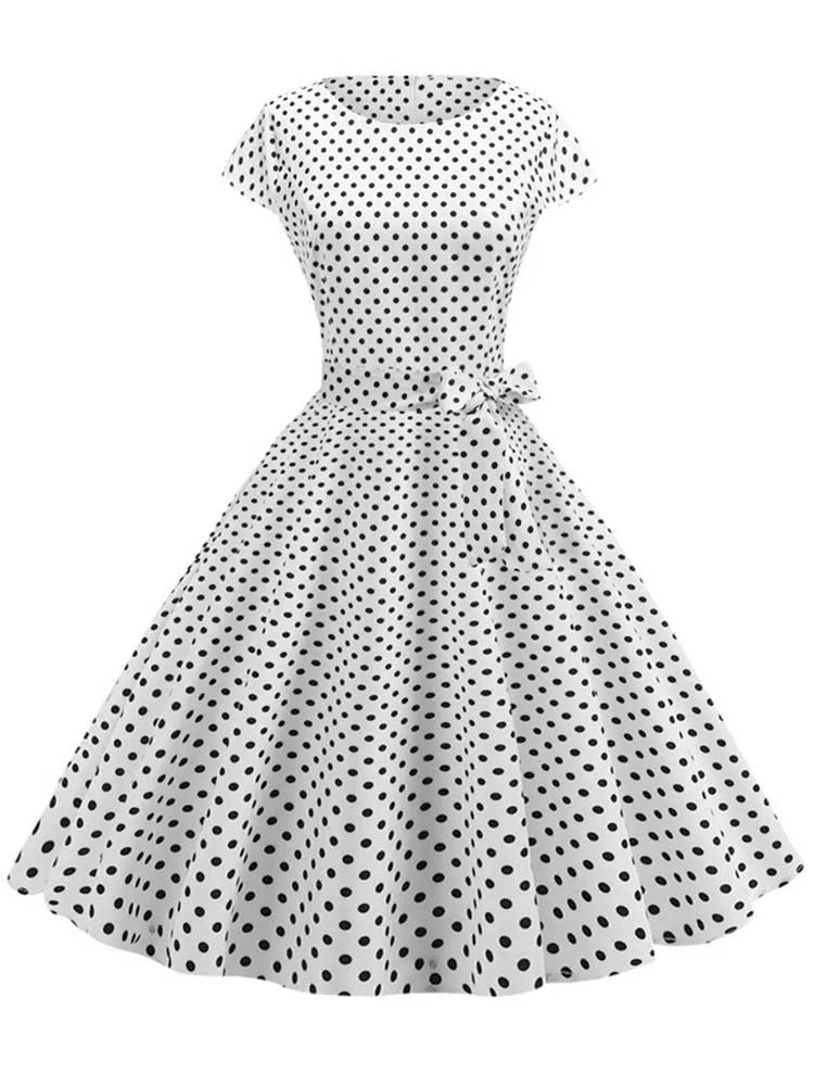 Summer Polka Dot Dress Women Elegant Short Sleeve A-Line Midi Party Dress Sundress Robe Rockabilly Vestidos