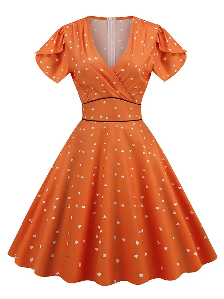 Print Summer Women Vintage Dress Retro Pin UP Casual Party Robe 60s 50s Swing Sundress Short Sleeve V Neck Midi Vestidos