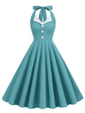 Tonval Button Up Plaid Vintage Fit and Flare Dress Summer Women Pinup Robe Halter Backless Evening Party Pockets Dresses