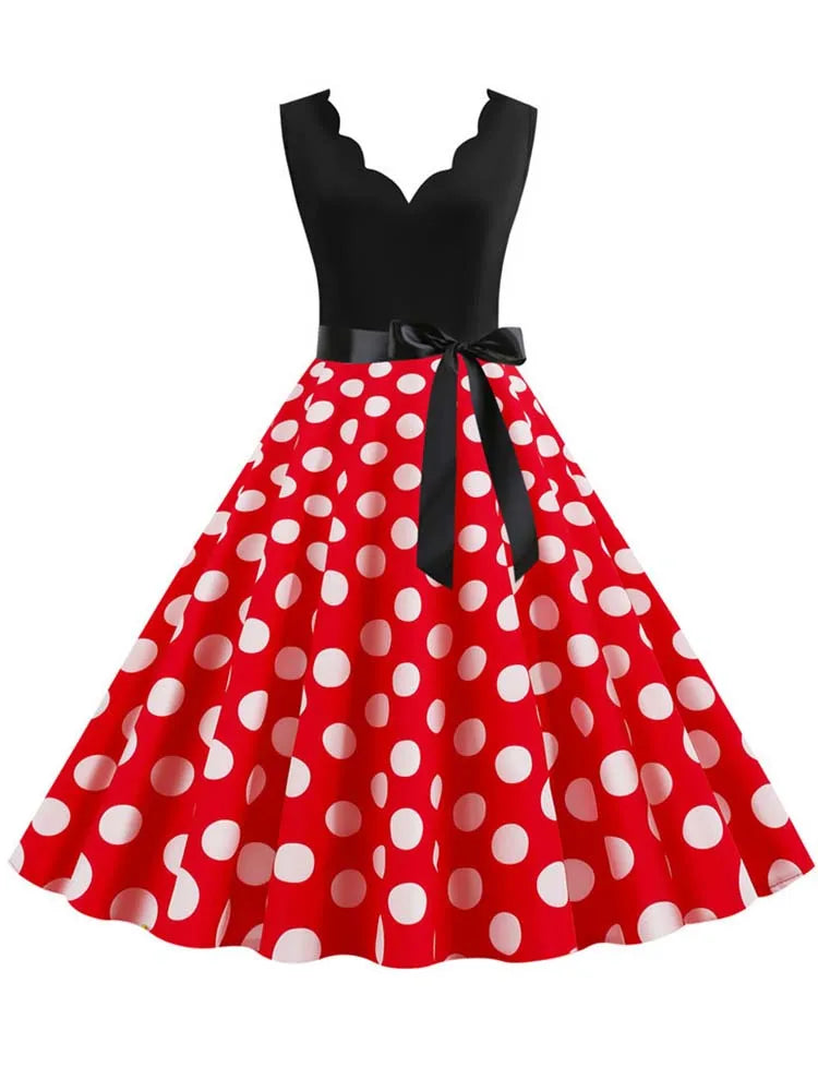 Black Dot Summer Dress Women Pinup Elegant Vintage Party Dress Casual Office Tank Sleevelss A Line Vestidos