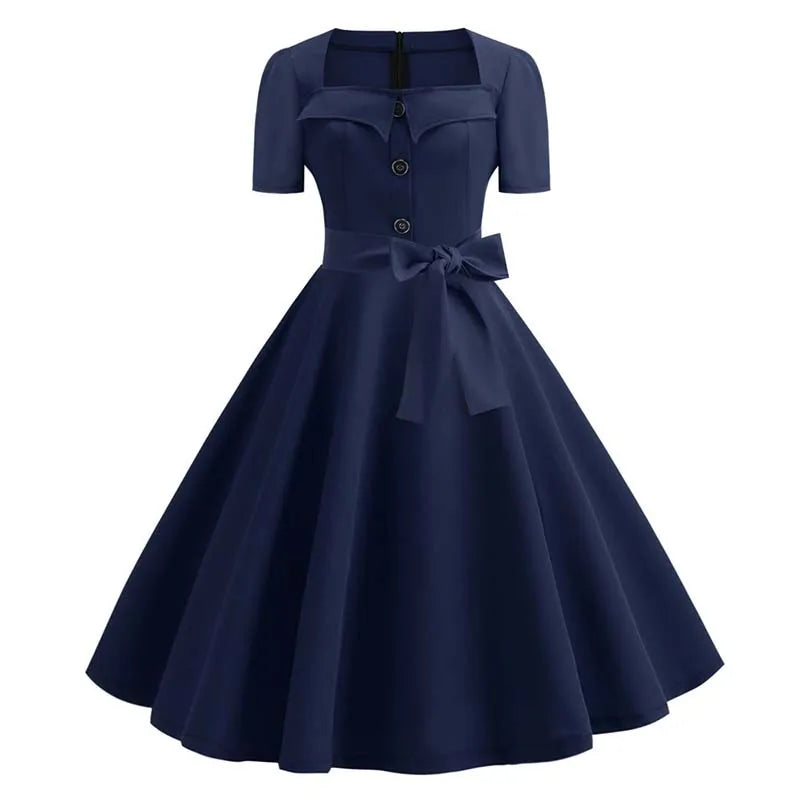 Women Summer Dress Elegant Retro Swing Pinup Casual Short Sleeve Red Party Midi Dresses With Belt