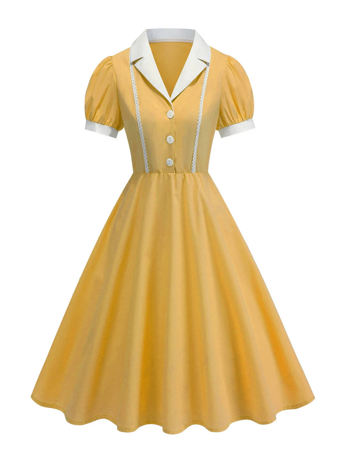 Tonval Notched Collar Puff Sleeve 1950s Pinup Vintage Dress Buttons Front Women 2026 Summer Clothes Lace Detail Swing Dresses