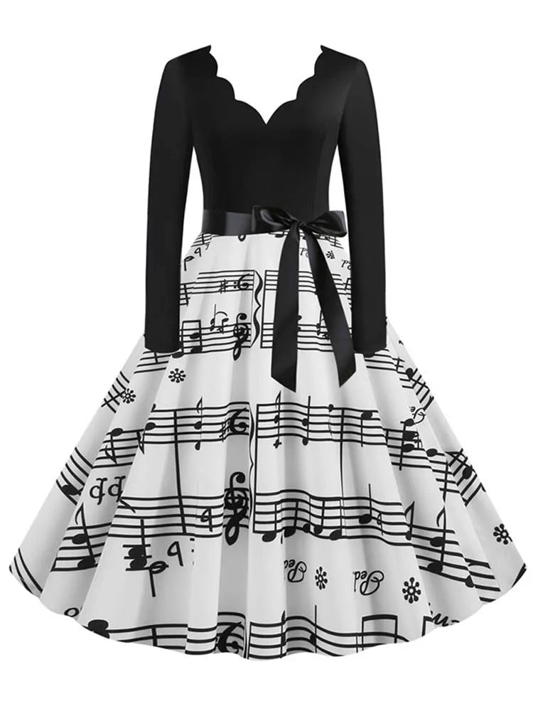 Women Long Sleeve Winter Vintage Dresses Sexy Black Music Note Print V-neck Rockabilly Pin up Party Dress Vestidos Plus size