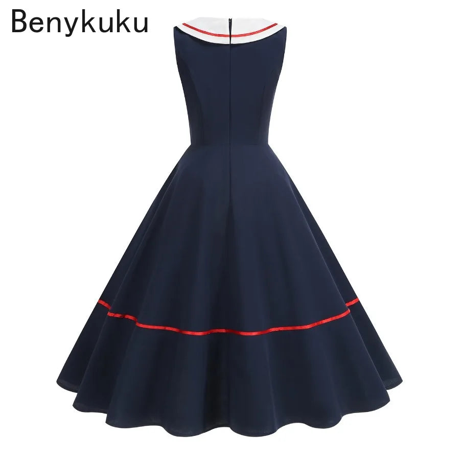 Preppy Style  Sailor Collar Vintage 50s 60s Swing Dress Summer Women Clothes Elegant Sleeveless School Pin Up Rockabilly Dresses