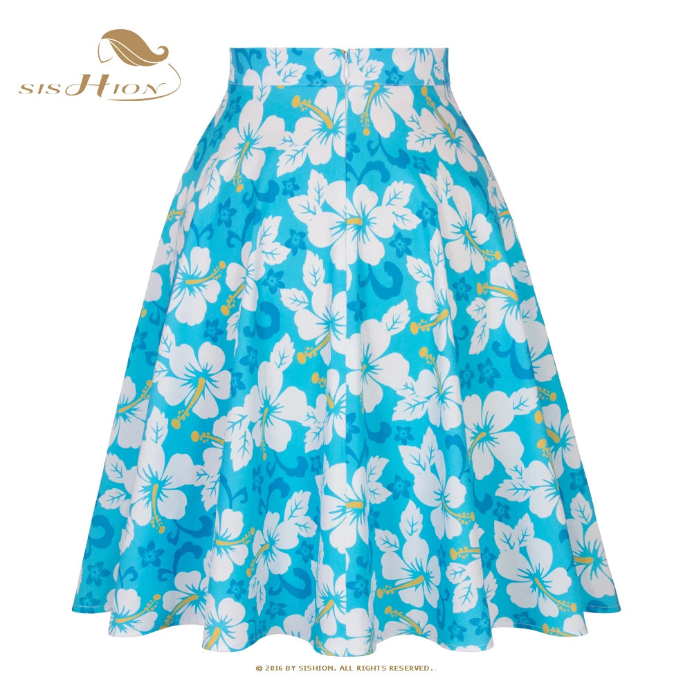 SISHION High Waist Blue Flower Printed Floral Skirt VD0020 Cotton A Line Pin Up 1950s 60s Rockabilly Vintage Skirts