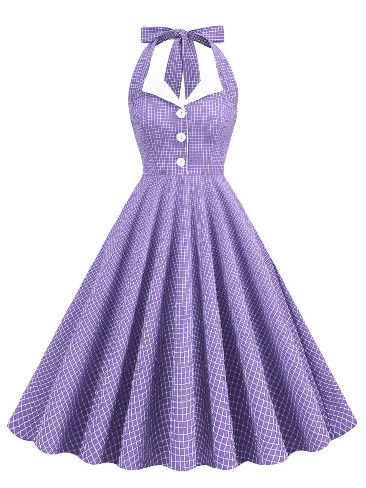 Tonval Button Up Plaid Vintage Fit and Flare Dress Summer Women Pinup Robe Halter Backless Evening Party Pockets Dresses