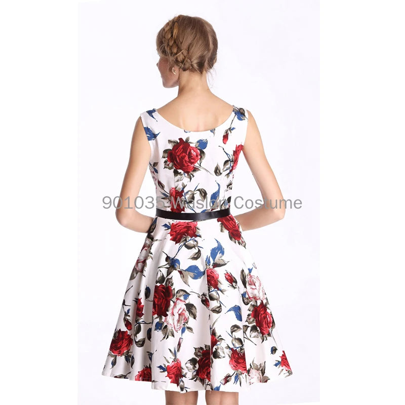 Plus Size Swing Dress Red Floral Retro 1950s Rockabilly Sleeveless Dress