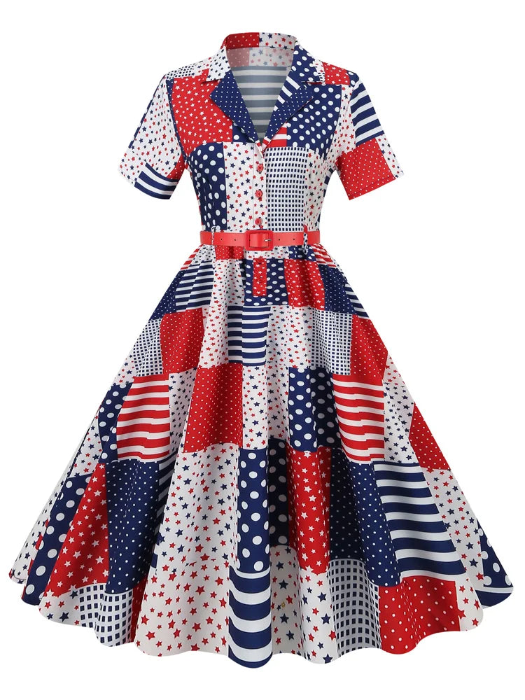 Tonval Notched Collar Button Up Star Print Summer Dress 2023 Women Short Sleeve Belted 50s 60s Pinup A-Line Vintage Dresses