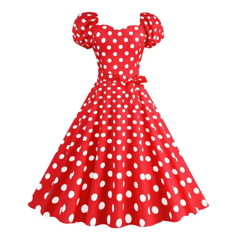 Retro Red Polka Dot Summer Dress Audrey Hepburn Vintage Swing Clothes Puff Sleeve 50s 60s Pin Up Rockabilly Dresses Robe Femme