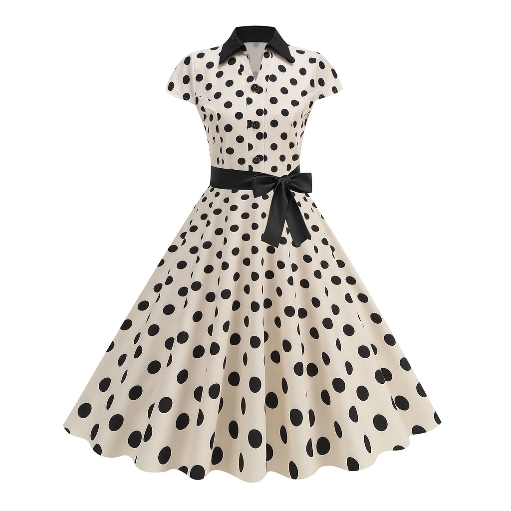 Polka Dot Summer Dress 2025 Women Hepburn Vintage Rockabilly Pin Up Dress Robe Femme Belted Casual Retro Elegant Party Sundress