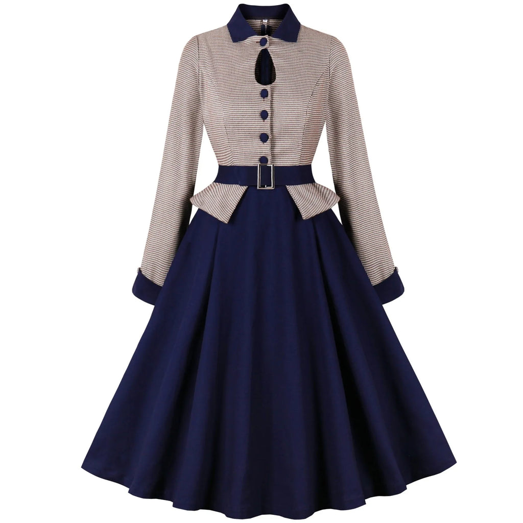Women Pin Up Lattice Print Casual Party Dress Long Sleeve Retro Robe 60s 50s Vintage Rockabilly Swing Dress Vestidos 2024 Spring