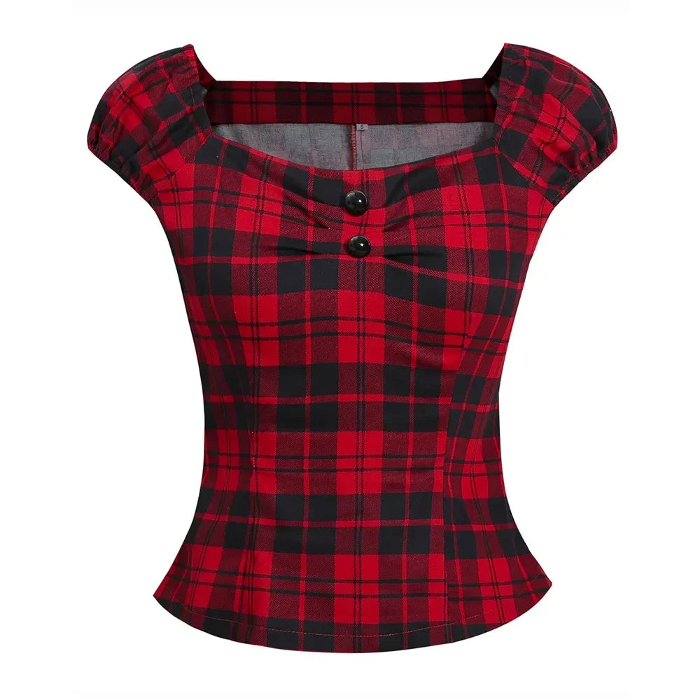 Summer Women Y2K Vintage 50s Pinup Peasant Shirts Gingham Inspired Couture Checkered Red 2023 New Tops Retro Rockabilly Blouses