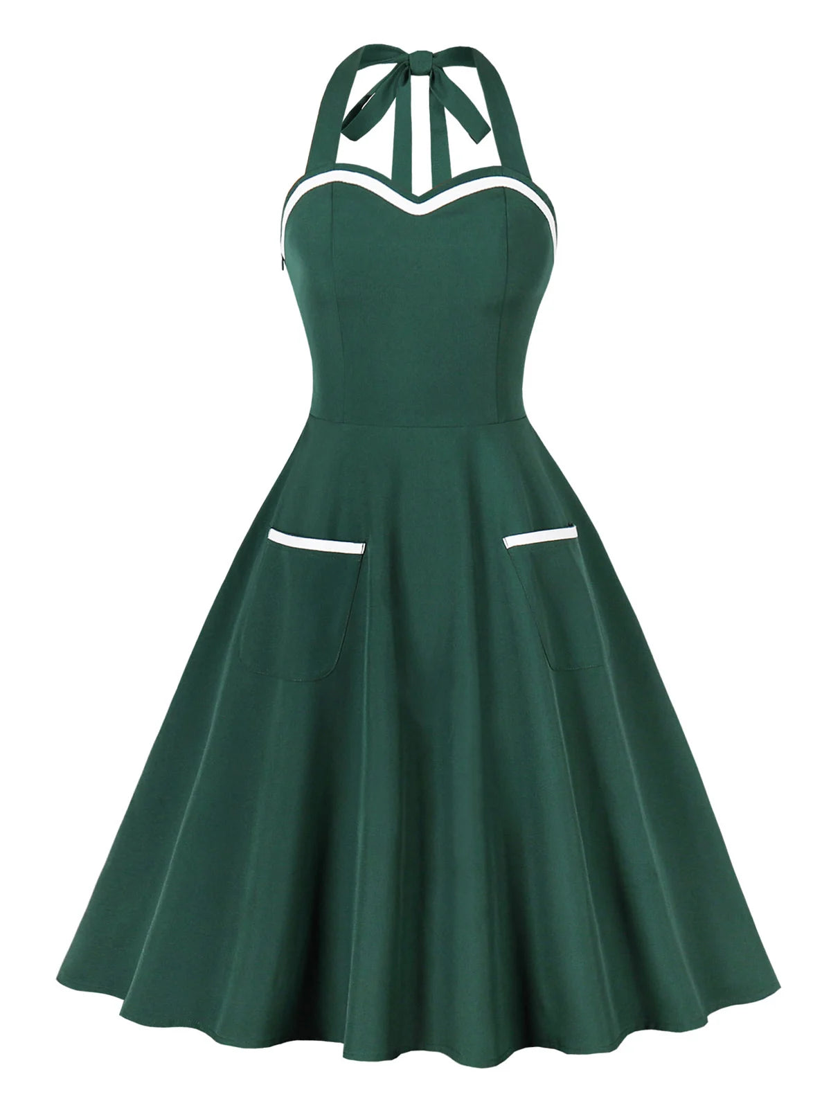 Tonval Halter Neck 50s Retro Pinup Clothing Green Dresses for Women Backless Cocktail Party Pockets Front Vintage Flare Dress