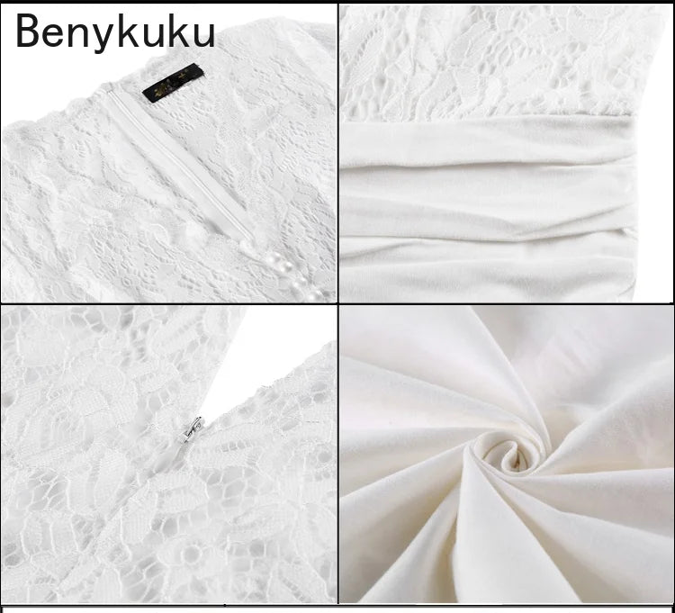 Sexy Deep V Neck High Waist White Lace Patchwork A Line Dress Summer Women Rockabilly Pin Up Casual Evening Party Ladies Dresses