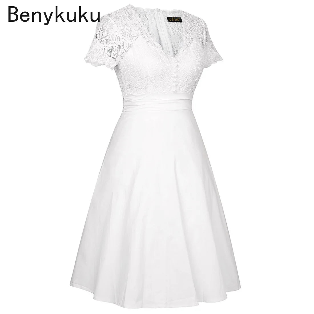 Sexy Deep V Neck High Waist White Lace Patchwork A Line Dress Summer Women Rockabilly Pin Up Casual Evening Party Ladies Dresses