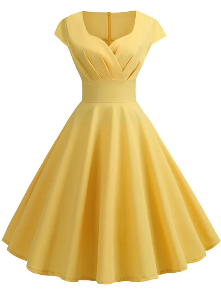 Summer Dress Women Short Sleeve Hepburn 50s 60s Vintage Pin Up Rockabilly Dress Robe Elegant Evening Party Dress