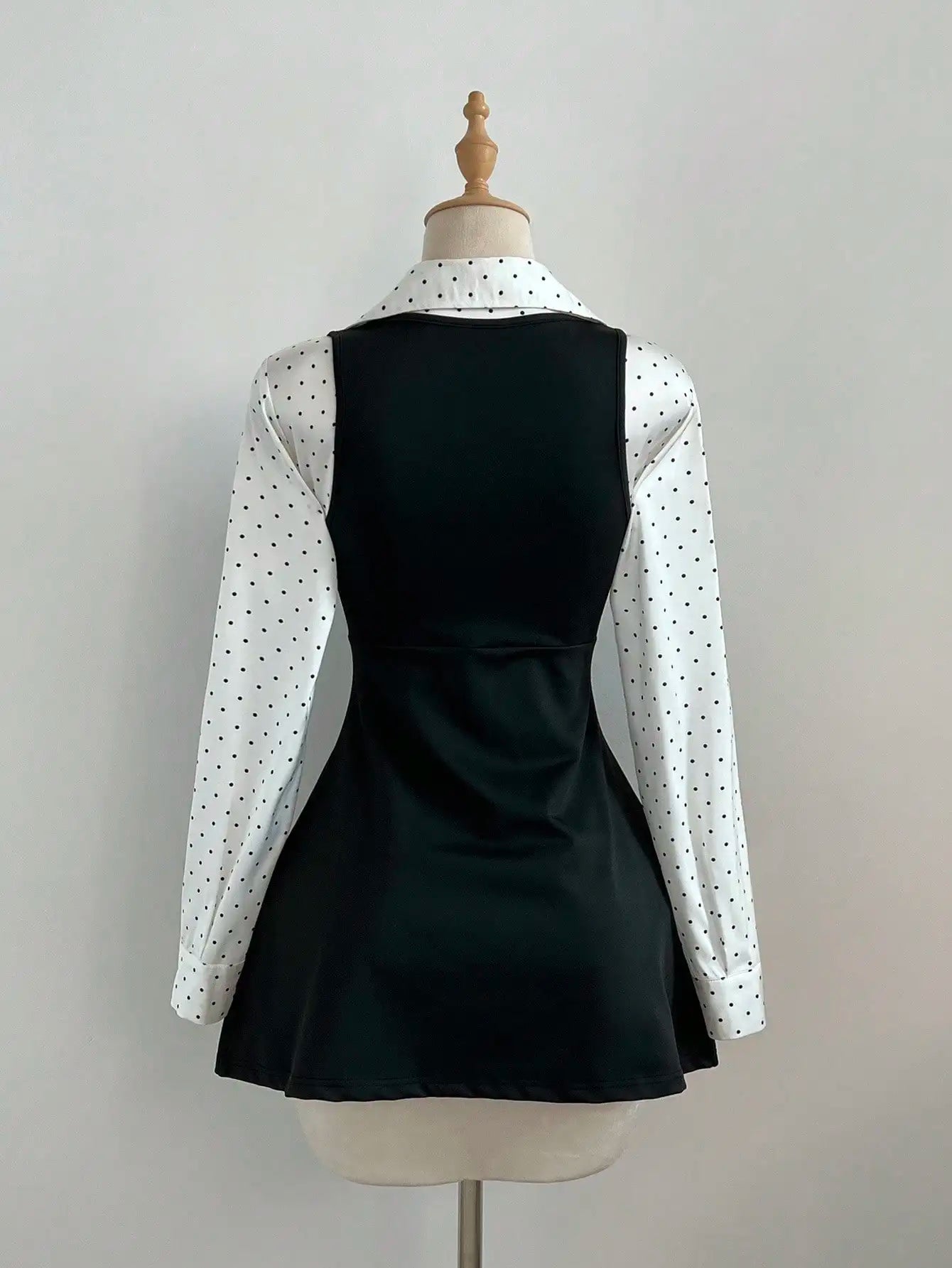 Women Satin Polka Dot Long Sleeve Shirt And Slip Dress 2-Piece Set