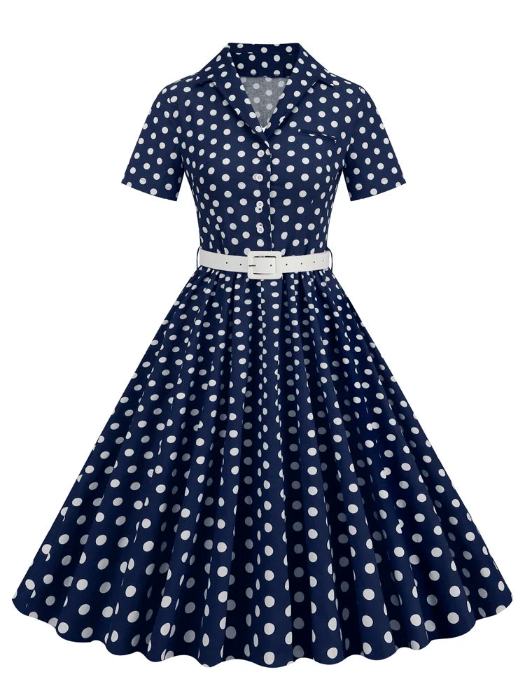 Tonval Polka Dot 50s Pinup Robe Button Up Pleated Vintage Style Dress Women Elegant Belted Ladies Rockabilly Long Dresses
