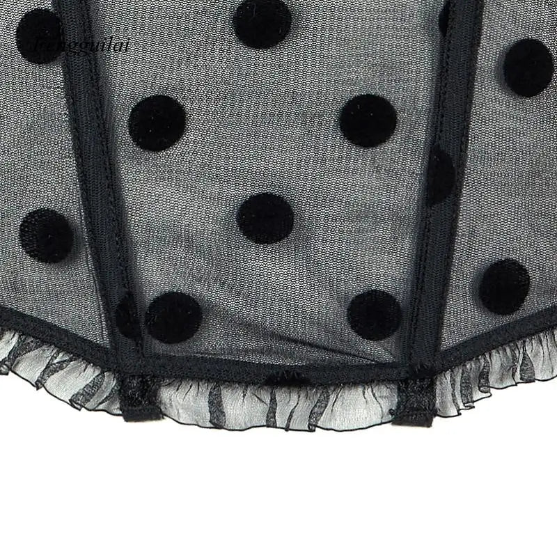 Women's Black Polka Dot Mesh Bustier Top, Sheer Lace Trim Corset Crop Top, Retro Pin-Up Style Camisole for Party & Date Night