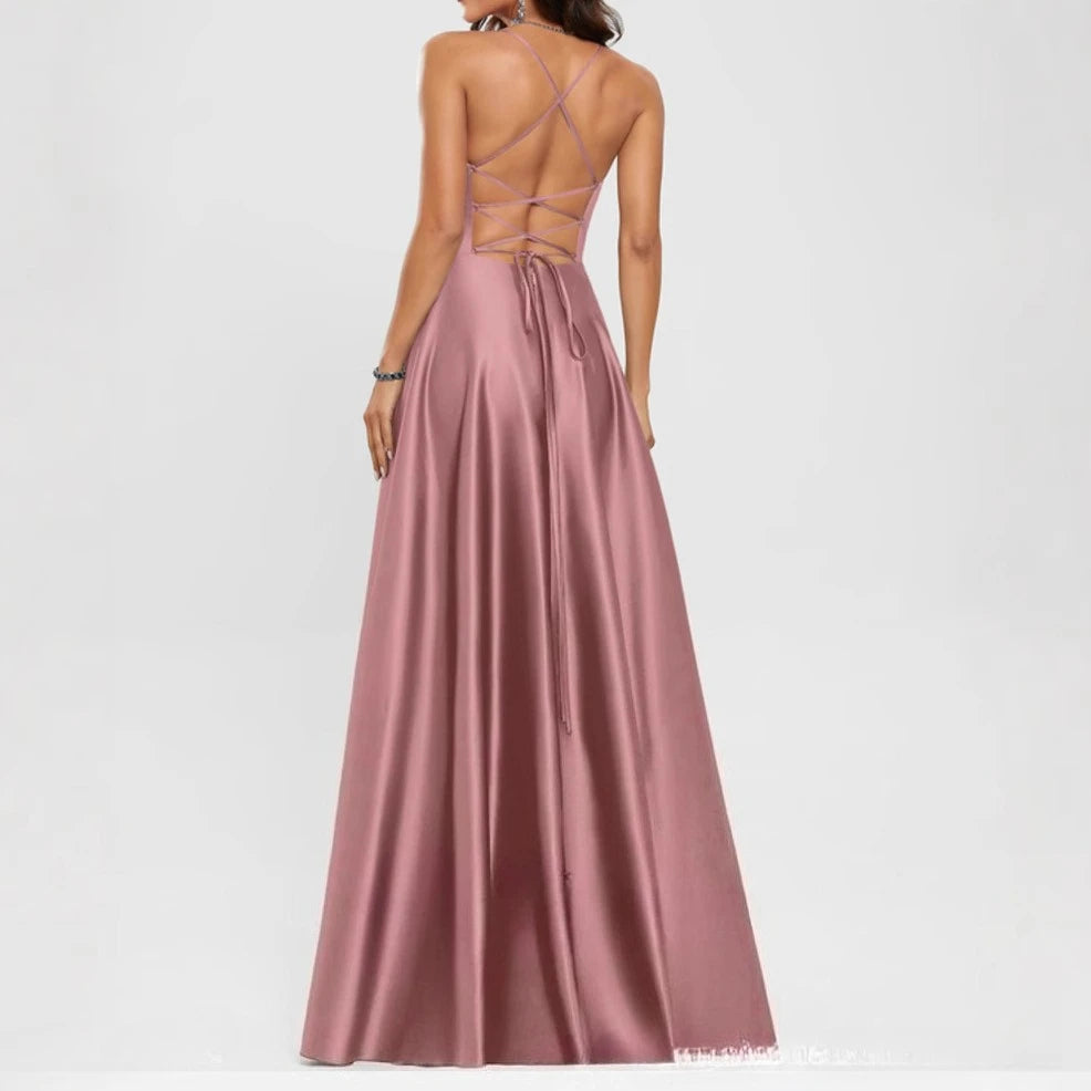 Classic Spaghetti Straps Side Split Back Lace Up Satin Long Bridesmaid Dress