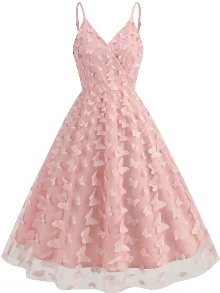 Pink Summer Dress Women V Neck Vintage Robe Elegant Retro Pin Up Party Office Spaghetti Strap Mesh Rockabilly Midi Dresses