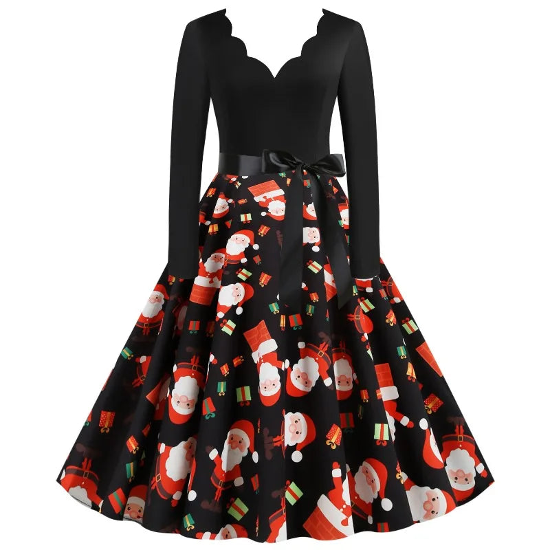 2025 New Vintage Women Long Sleeve Winter Dresses Retro Sexy Black Music Note Print V-neck Rockabilly Pin Up Party Dress Vestido