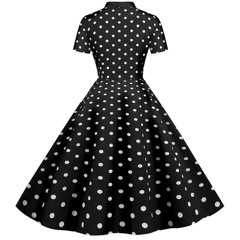 Black Polka Dot Print Summer Dress for Women Short Sleeve Striped Bow Elegant Vintage 50s Pin up Party Vestidos